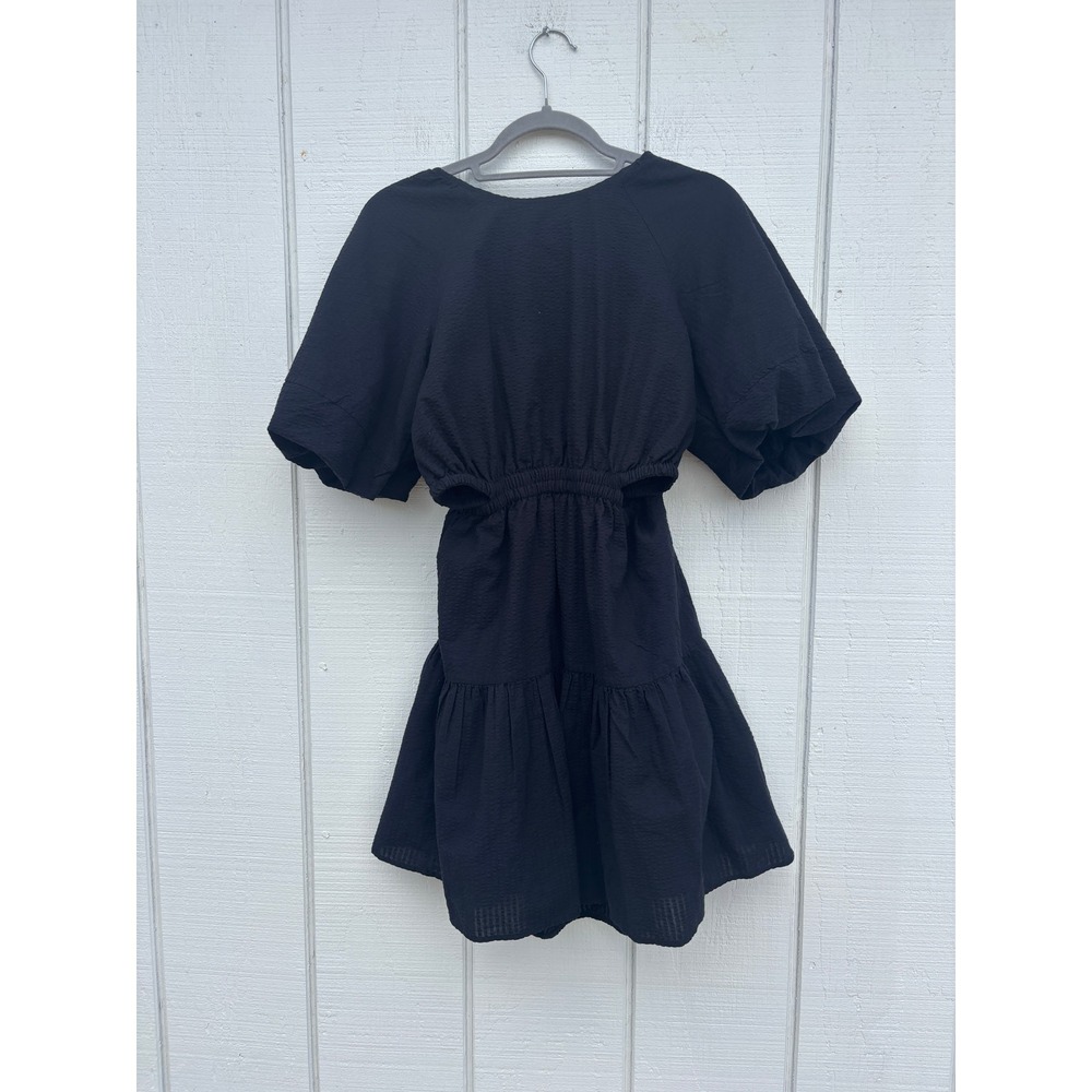 Madewell Seersucker Black Dress, Puff Sleeves, Open‎ Lower Back, Sz S - Picture 2 of 10